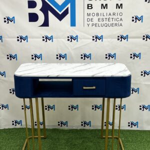 Mesa de manicura individual azul y dorado con tope de madera tipo mármol