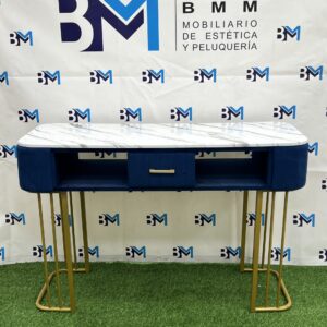 Mesa de manicura doble azul y dorado con tope de madera tipo mármol