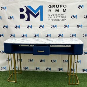 Mesa de manicura doble azul y dorado con tope de madera tipo mármol