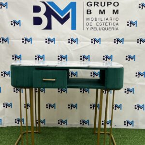 Mesa de manicura individual verde y dorado con tope de madera tipo mármol