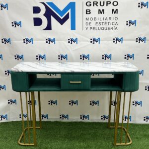 Mesa de manicura doble verde y dorado con tope de madera tipo mármol