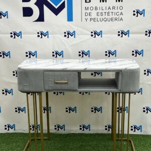 Mesa de manicura individual gris y dorado con tope de madera tipo mármol