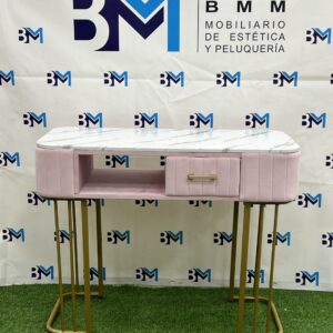 Mesa de manicura individual rosada y dorado con tope de madera tipo mármol