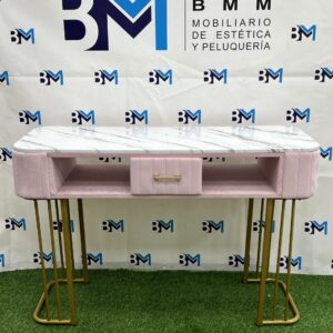 Mesa de manicura doble rosado y dorado con tope de madera tipo mármol