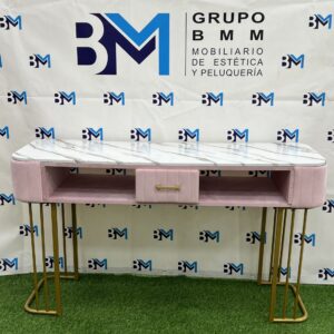 Mesa de manicura doble rosado y dorado con tope de madera tipo mármol