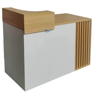 Mostrador de recepción blanco y nogal