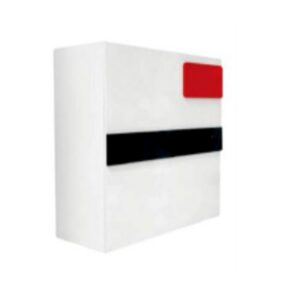 Mostrador de recepción blanco, negro y rojo