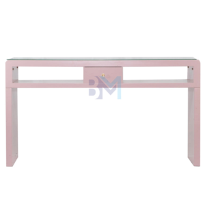 Mesa de manicura doble rosada con tope de cristal y cajonera