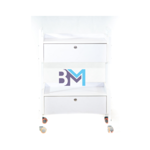 Carrito auxiliar blanco de madera con dos cajoneras y dos estantes