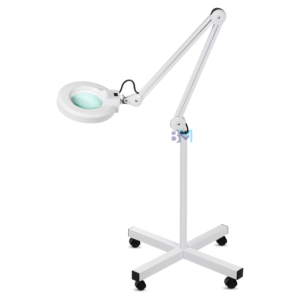 Lupa de pie con luz LED, brazo articulado y base con ruedas