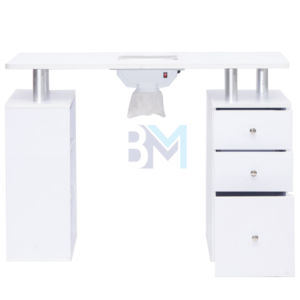 Mesa de manicura individual blanca con tope de madera, aspirador y cajoneras