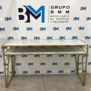Mesa de manicura doble de metal dorado con superficie tipo mármol