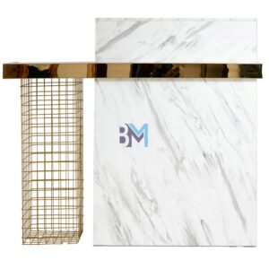 Mostrador de recepción blanco y gris tipo mármol con dorado