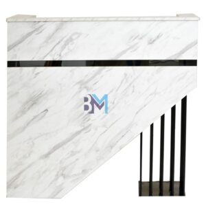 Mostrador de recepción blanco y gris tipo mármol