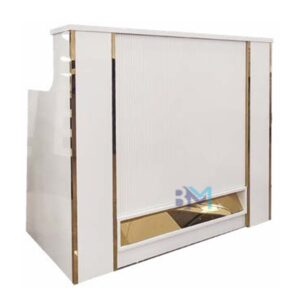 Mostrador de recepción blanco y dorado con luz led