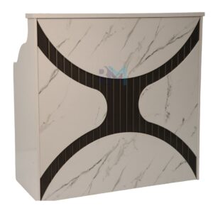 Mostrador de recepción blanco tipo mármol y negro