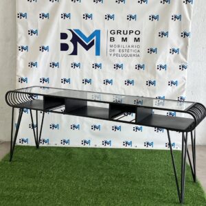 Mesa de manicura triple metal negro con tope de cristal y cajonera