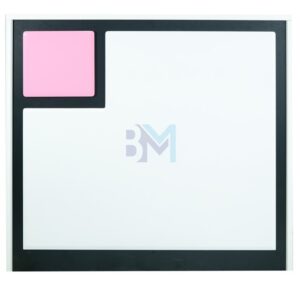 Mostrador de recepción blanco, negro y rosado