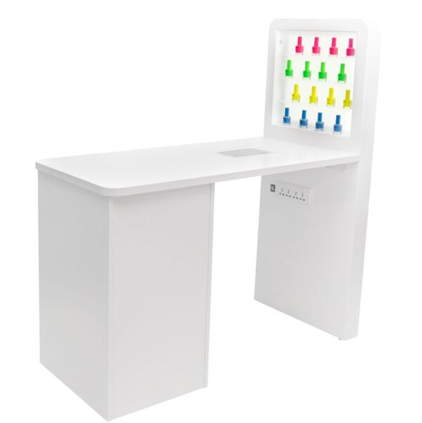 Mesa de manicura individual blanca con superficie de madera, cajonera, expositor de esmalte con luz led y aspirador - Imagen 7