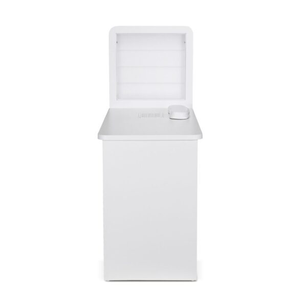 Mesa de manicura individual blanca con superficie de madera, cajonera, expositor de esmalte con luz led y aspirador - Imagen 6