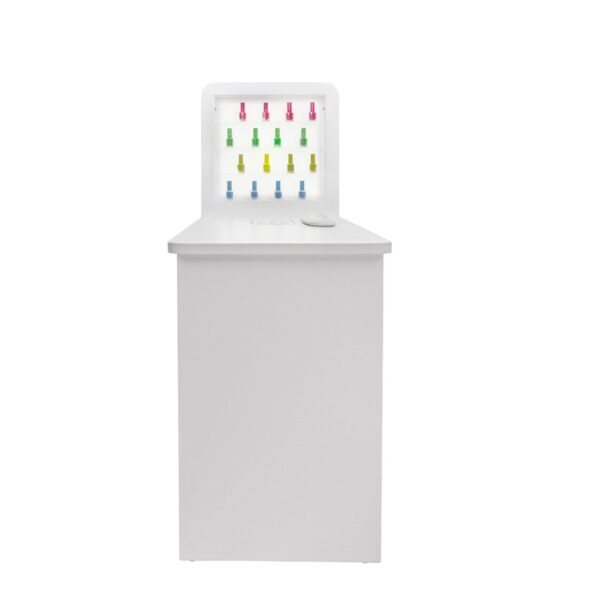 Mesa de manicura individual blanca con superficie de madera, cajonera, expositor de esmalte con luz led y aspirador - Imagen 5