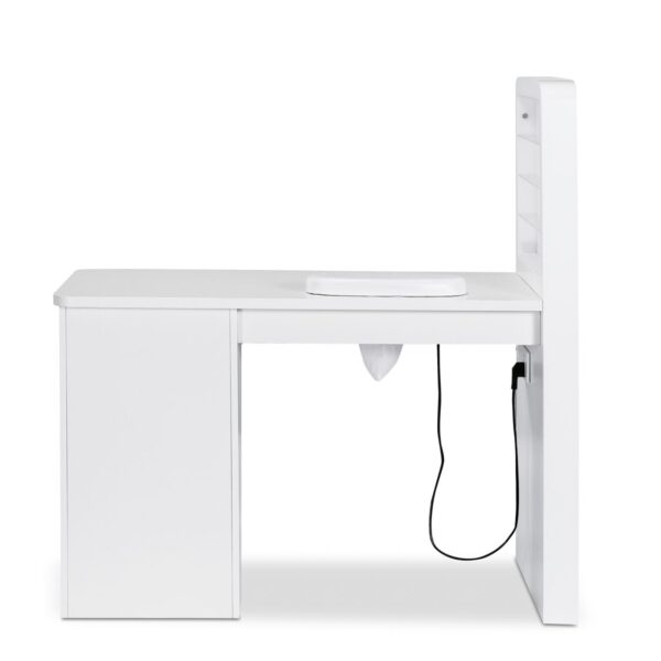 Mesa de manicura individual blanca con superficie de madera, cajonera, expositor de esmalte con luz led y aspirador - Imagen 4