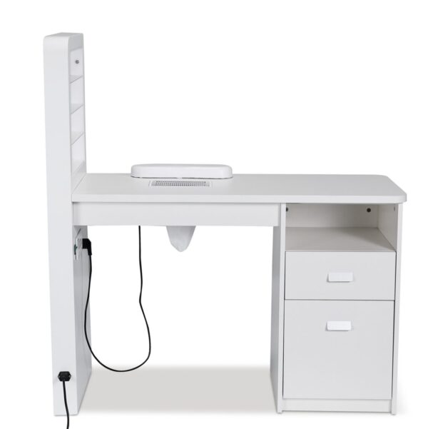 Mesa de manicura individual blanca con superficie de madera, cajonera, expositor de esmalte con luz led y aspirador