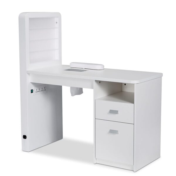 Mesa de manicura individual blanca con superficie de madera, cajonera, expositor de esmalte con luz led y aspirador - Imagen 2
