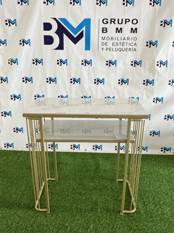Mesa de manicura individual de metal dorado con tope de porcelana tipo mármol - Imagen 2