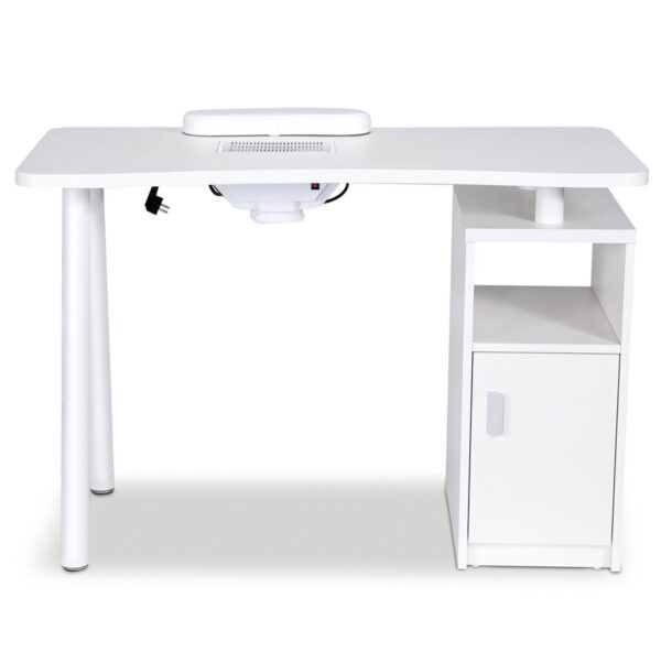 Mesa de manicura individual blanca con superficie de madera y aspirador