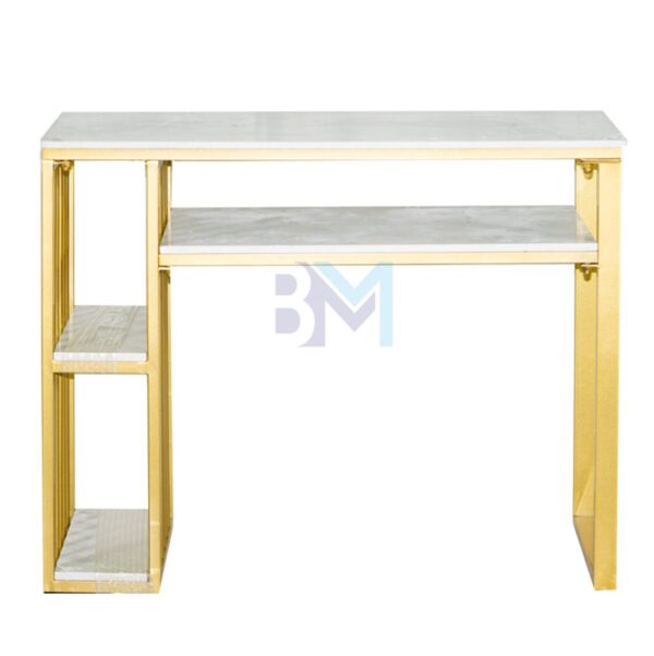 Mesa de manicura individual de metal dorado con superficie de piedra tipo mármol