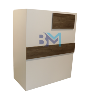Mostrador de recepción blanco y madera