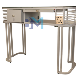 Mesa de manicura individual de metal con tope de cristal y cajonera