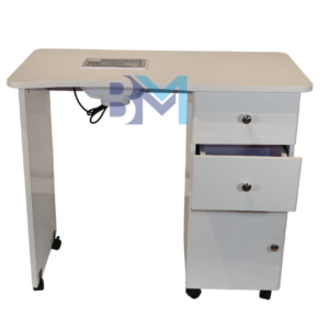 Mesa de manicura individual blanca con superficie de madera y aspirador