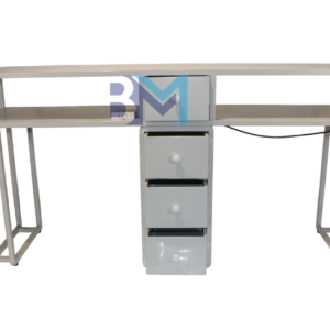 Mesa de manicura doble de metal blanca con superficie de piedra tipo mármol