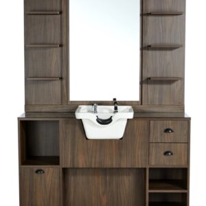 Espejo tocador marron osc con lavacabezas blanco Oke